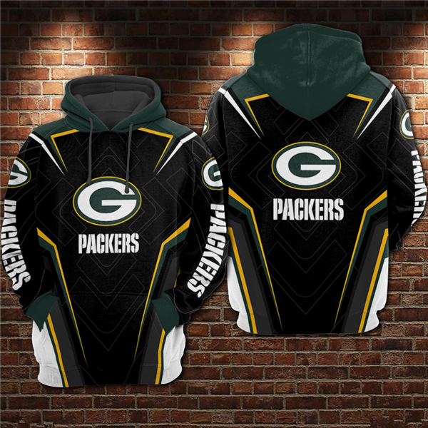 Men's Green Bay Packers Black/Green 3D All Over Print Pullover Hoodie